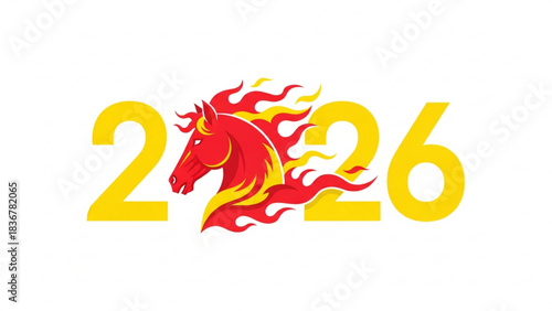 Year 2026 Chinese New Year symbol with flaming red Horse head vector illustration.