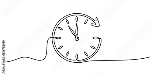 Continuous line drawing of a clock with an arrow symbolizing time passing, a deadline, or schedule management on a clean white background Vector, illustration