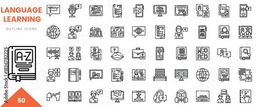 A collection of outline icons representing language learning concepts, including books and technology.