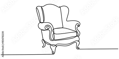 One continuous line drawing of a classic wingback armchair, isolated on continuous one line art of vector illustration