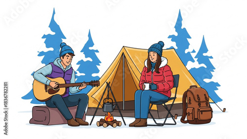 Couple Camping in Winter Playing Guitar by Campfire