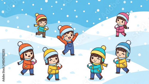 Children playing snowball fight in the snowy landscape