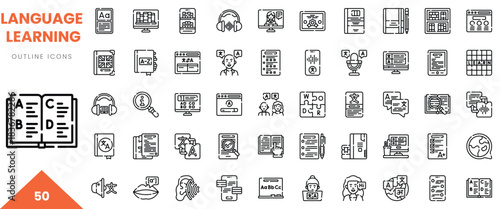 Collection of language learning icons featuring books, technology, and interactive elements.