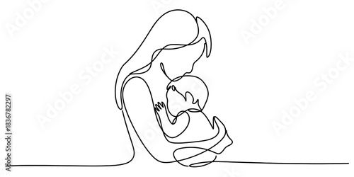 One line continuous drawing of a mother holding her baby, minimalist abstract art of maternal love and care, isolated on white continuous one line art of vector illustration