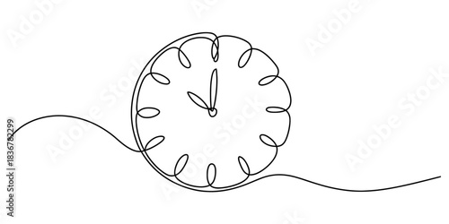 Continuous one line drawing of a simple clock with curly border and hands, symbolizing time, punctuality, and the relentless flow of moments Vector, illustration