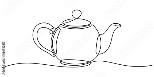 Elegant continuous line art drawing of a classic teapot for brewing and serving hot beverages, minimalist style illustration on white background Vector, illustration