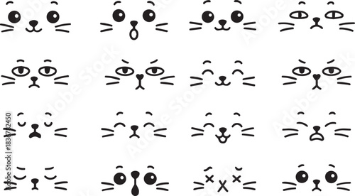 Cat face emotions. Kitty cartoon emoji with mouth, nose whiskers and eye in Japanese kawaii style. Happy, sad and angry, crazy and crying cute pet expression black and white art illustration