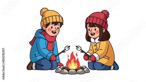 Happy children roasting marshmallows by the bonfire.