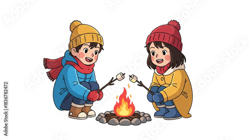 Two happy kids roasting marshmallows over a winter campfire illustration