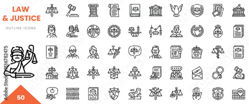 A collection of 50 outline icons representing law and justice themes in a minimalist style.