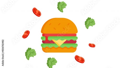 Colorful animated burger with floating tomato slices and lettuce on a transparent background. Perfect for food promos, restaurant ads, menu design, motion graphics, and creative culinary projects.
