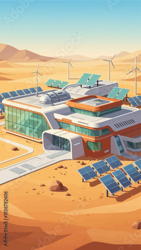 Futuristic Martian habitat powered by renewable energy, showcasing advanced future technology