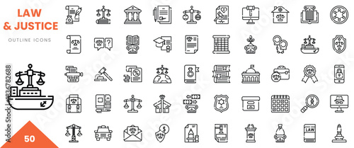 A collection of outline icons depicting law and justice themes, featuring scales, gavel, and documents.
