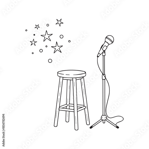 Simple line art drawing of a stage with a microphone and stool. Hand-drawn vector illustration for music performance, stand-up comedy, or open mic night concept.
