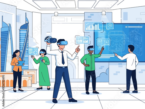 Diverse professionals collaborating in an immersive virtual reality environment, showcasing the transformative power of future technology for business and digital innovation