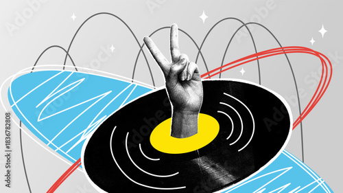Peace and Music Groove a retro vinyl composition. A trendy halftone collage. Monochrome elements. Creative design. Celebration, disco concept.