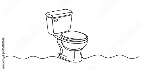 Black and white line drawing of a toilet with wavy lines underneath, isolated on continuous one line art of vector illustration
