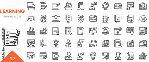 A collection of 50 outline icons representing various learning concepts and educational tools.