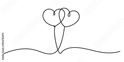 Minimalist single continuous line art illustration of two interconnected hearts, symbolizing love, romance, unity, connection, and eternal bond on white. Vector, illustration
