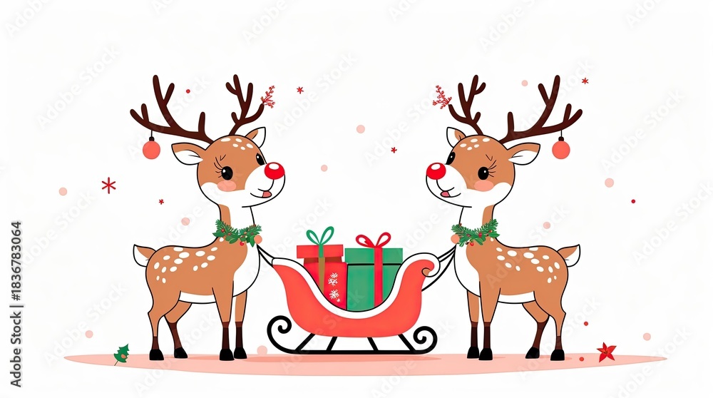Naklejka premium Cute Christmas Reindeer with Gift Cartoon Illustration