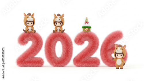 Happy New Year 2026: Horse characters and festive fuzzy numbers illustration.