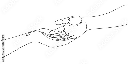 One line drawing of two hands reaching for each other, one hand offering help to the other, continuous line art, isolated on continuous one line art of vector illustration