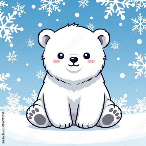 Cute Polar Bear Cub Sitting in Snow with Falling Snowflakes Illustration