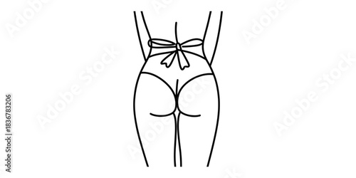 Line art drawing of a womans lower back and buttocks wearing tieside bikini bottoms, isolated on continuous one line art of vector illustration