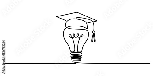 Minimalist single line art drawing featuring a lightbulb adorned with a graduation cap, symbolizing the power of educated ideas and a successful learning journey. Vector, illustration