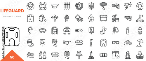 A collection of 50 lifeguard-themed outline icons representing safety and rescue equipment.