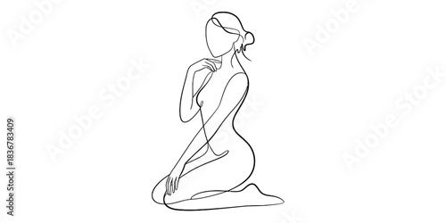 Minimalist line art drawing of a beautiful nude woman kneeling gracefully, hand near neck, isolated on continuous one line art of vector illustration