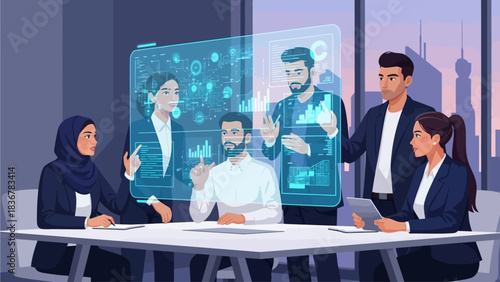 Diverse business team collaborating on future technology solutions with interactive holographic displays in a modern, innovative meeting environment