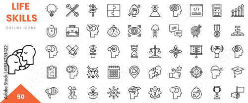 A collection of 50 outline icons representing various life skills and personal development themes.