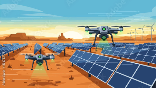 Renewable energy future technology Drones inspect solar panels and wind turbines in a desert landscape