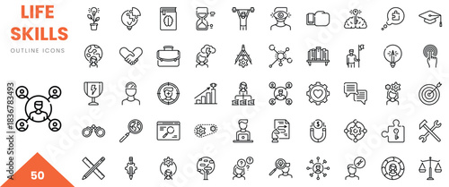 A collection of 50 outline icons representing essential life skills in a minimalist design.