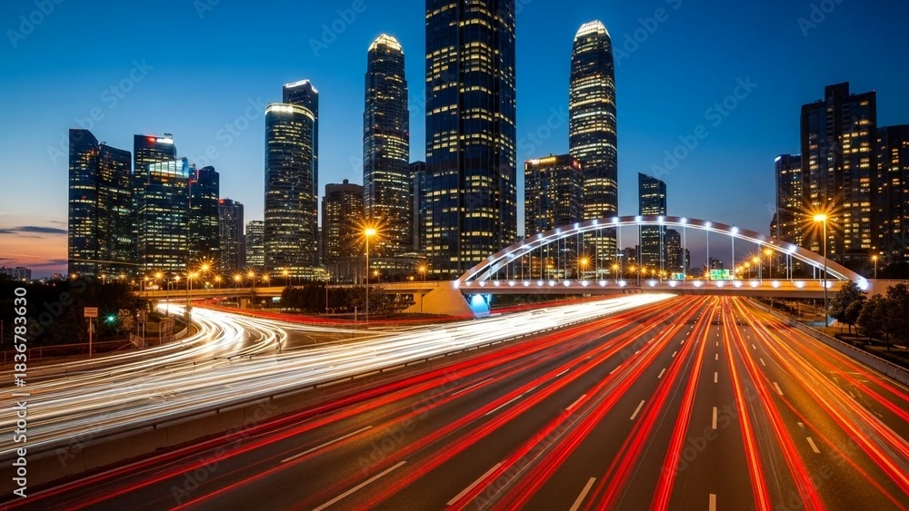 Naklejka premium Dynamic metropolitan skyline glows at twilight with brilliant streaks of light from fast moving highway traffic below a modern bridge