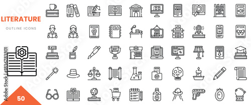 A collection of 50 literature-themed outline icons featuring books, pens, and classrooms.