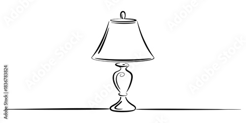 Hand drawn sketch of a table lamp with shade, isolated on continuous one line art of vector illustration