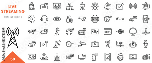A collection of live streaming outline icons representing various media and broadcast concepts.