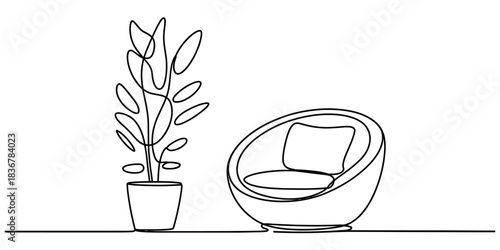 Minimalist continuous line drawing of a modern egg chair with a cushion next to a potted houseplant, isolated on continuous one line art of vector illustration