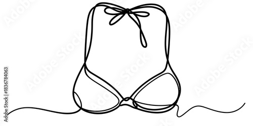 One line continuous drawing of a bikini top or bra with halter neck tie, isolated on continuous one line art of vector illustration