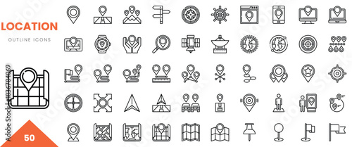 A diverse collection of 50 outline icons representing various location-related concepts.
