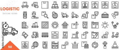 Collection of logistics outline icons depicting transportation and delivery processes.