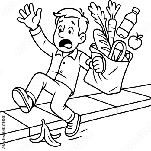 Unexpected Mishap: A man is experiencing an unexpected mishap, depicted in a black-and-white illustration, having slipped on a stray banana peel, highlighting the dangers of everyday hazards. 
