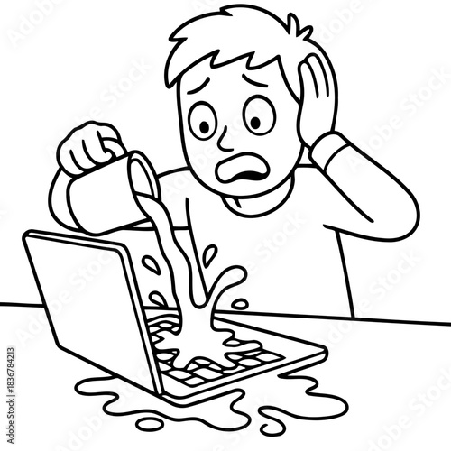 Oops! Spilled Drink on Laptop: An illustration showing a moment of digital disaster as a liquid is accidentally poured onto a laptop.