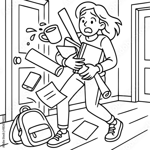 Overwhelmed and Flustered: A frazzled woman navigates a chaotic scene of dropped papers, a spilled mug, and a fallen bag, embodying the everyday stress and disarray of life.