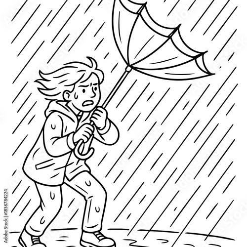 Windy Weather Woes: A person struggles valiantly against the fierce wind and rain, their umbrella turned inside out, conveying the raw power of nature's elements.