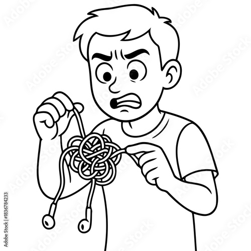 Tangled Wires Dilemma: A frustrated individual grapples with a chaotic mess of tangled wires, a universal symbol of everyday frustrations, a visual representation of confusion and struggle.