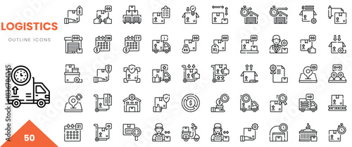 A collection of 50 logistics-themed outline icons depicting various transportation and supply chain elements.