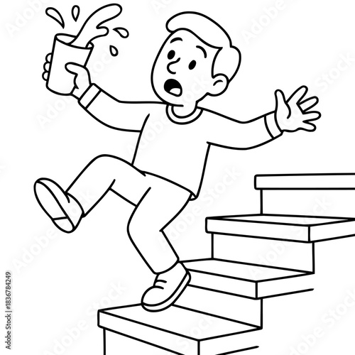Oops! A Moment of Misstep: A cartoon captures a moment of clumsiness as an individual tumbles down a staircase, a spilled cup in hand, highlighting the unforeseen mishaps of everyday life. 
